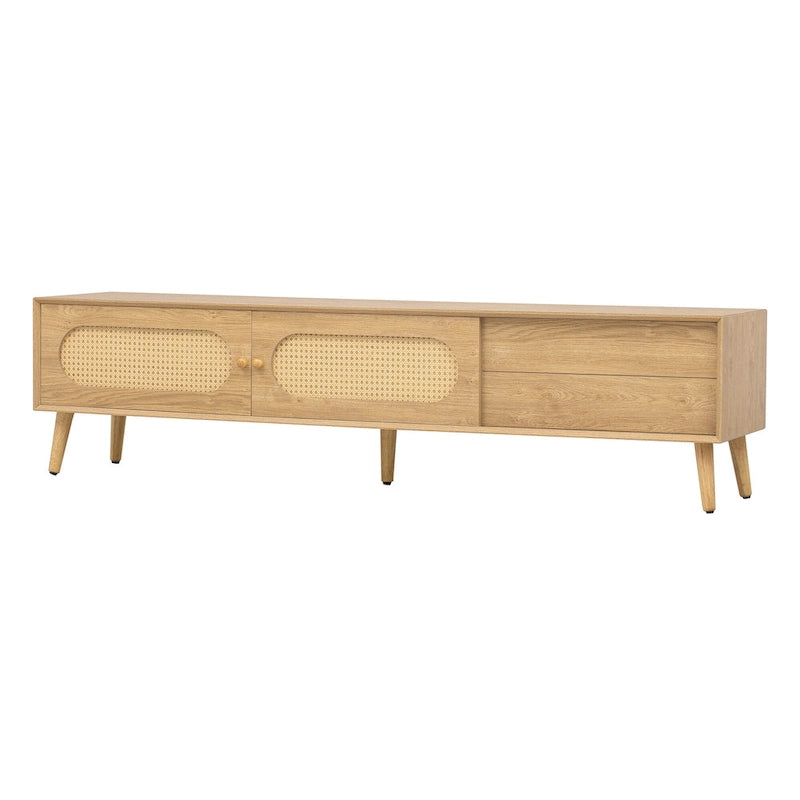 Meuble TV pour téléviseurs jusqu'à 80 pouces, Console multimédia de style ferme moderne, Meuble de divertissement avec pieds en bois massif