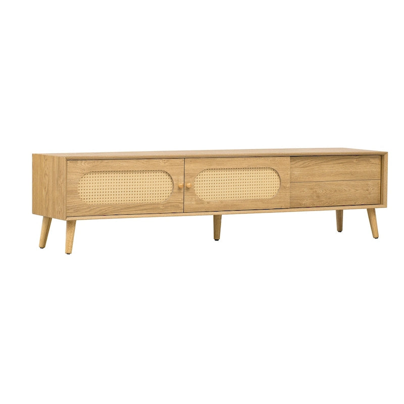 Meuble TV pour téléviseurs jusqu'à 80 pouces, Console multimédia de style ferme moderne, Meuble de divertissement avec pieds en bois massif