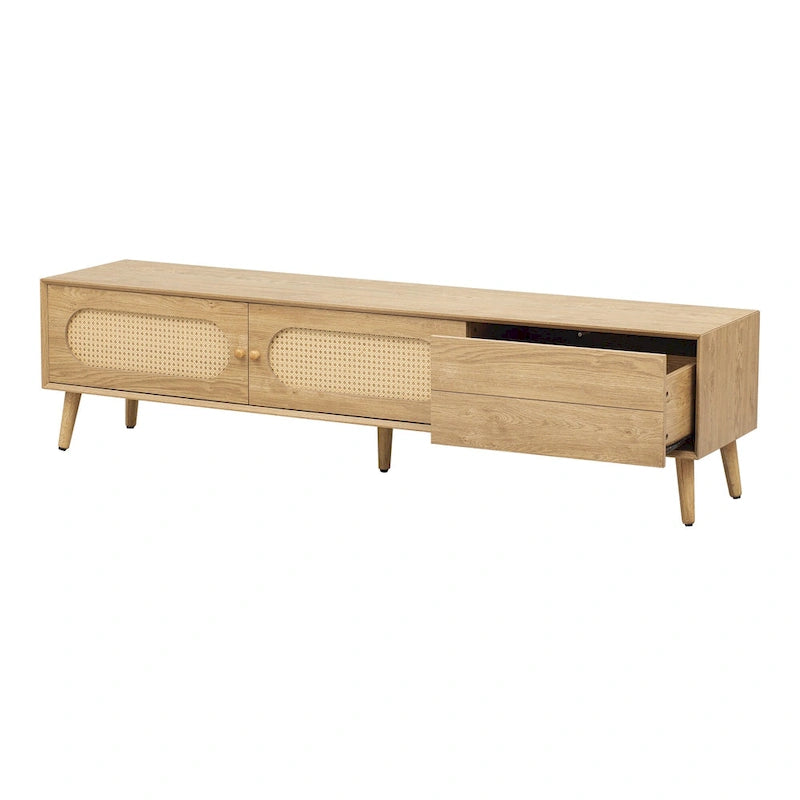 Meuble TV pour téléviseurs jusqu'à 80 pouces, Console multimédia de style ferme moderne, Meuble de divertissement avec pieds en bois massif
