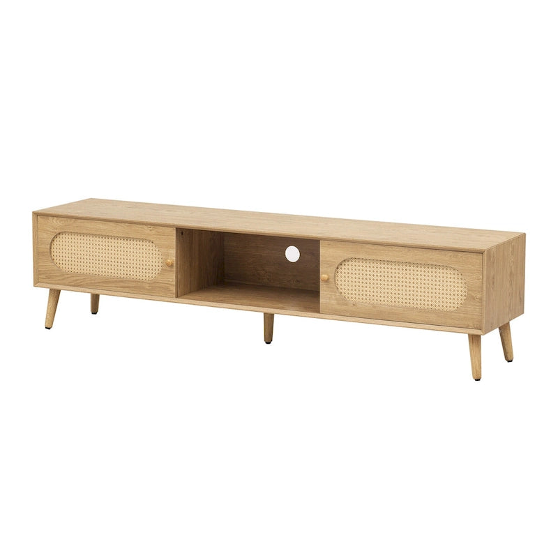 Meuble TV pour téléviseurs jusqu'à 80 pouces, Console multimédia de style ferme moderne, Meuble de divertissement avec pieds en bois massif