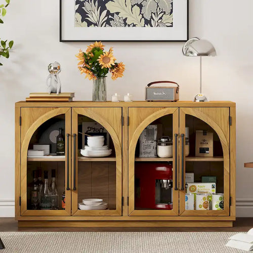 Bahut de rangement 4 portes avec vitrines, meuble de rangement arqué avec étagères réglables