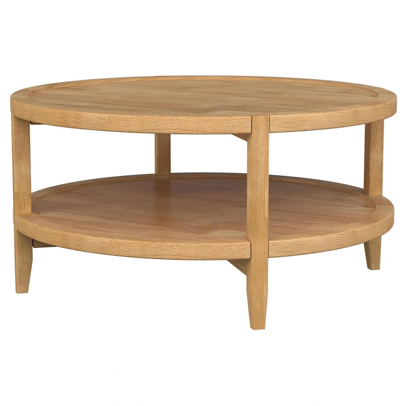 Table Basse, 1 Étagère, Rond, Bois Massif, Brun Érable, 36 Pouces