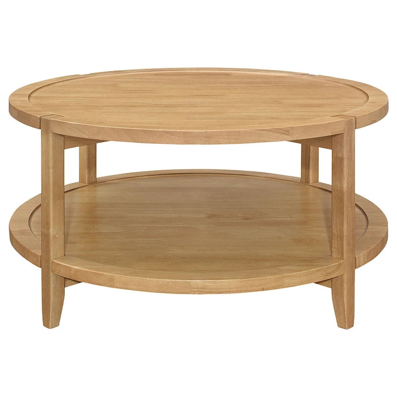 Table Basse, 1 Étagère, Rond, Bois Massif, Brun Érable, 36 Pouces
