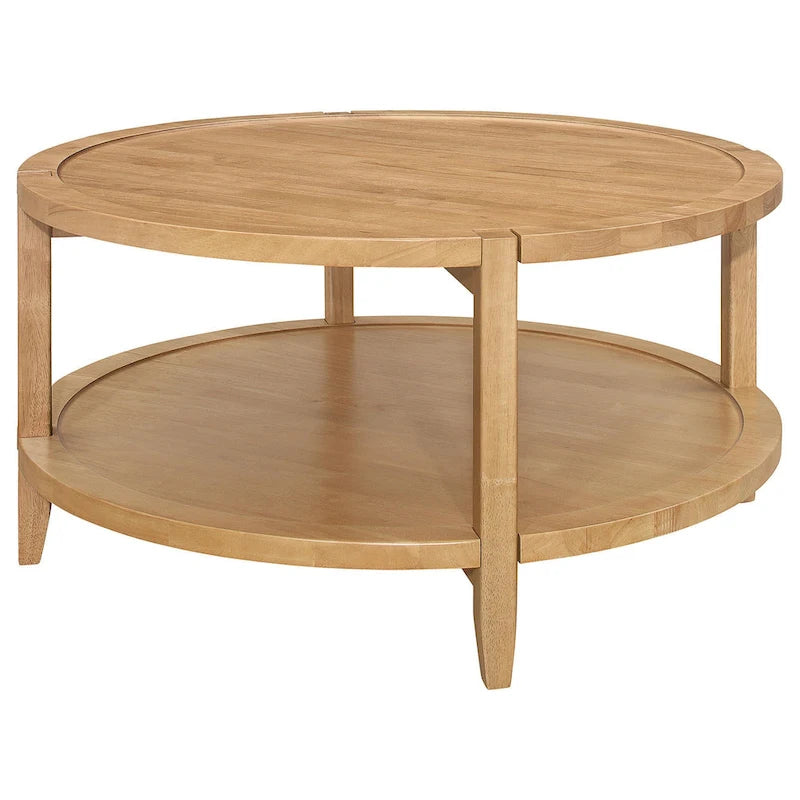 Table Basse, 1 Étagère, Rond, Bois Massif, Brun Érable, 36 Pouces
