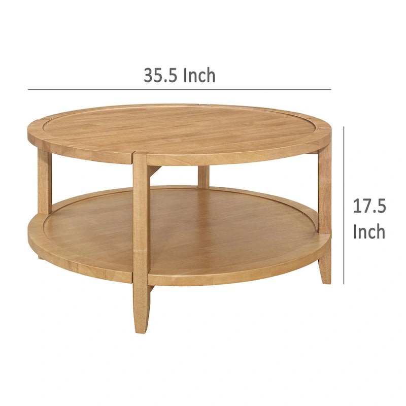 Table Basse, 1 Étagère, Rond, Bois Massif, Brun Érable, 36 Pouces