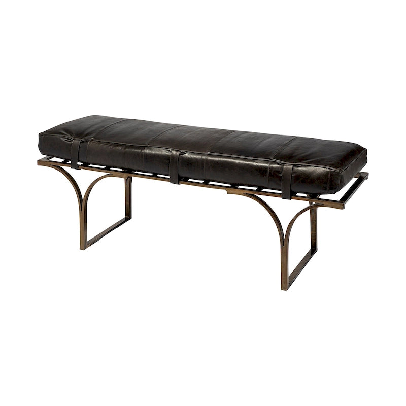 Banc d'appoint en cuir marron 55L x 16W avec base en métal noir - 55,0L x 16,0W x 19,0H