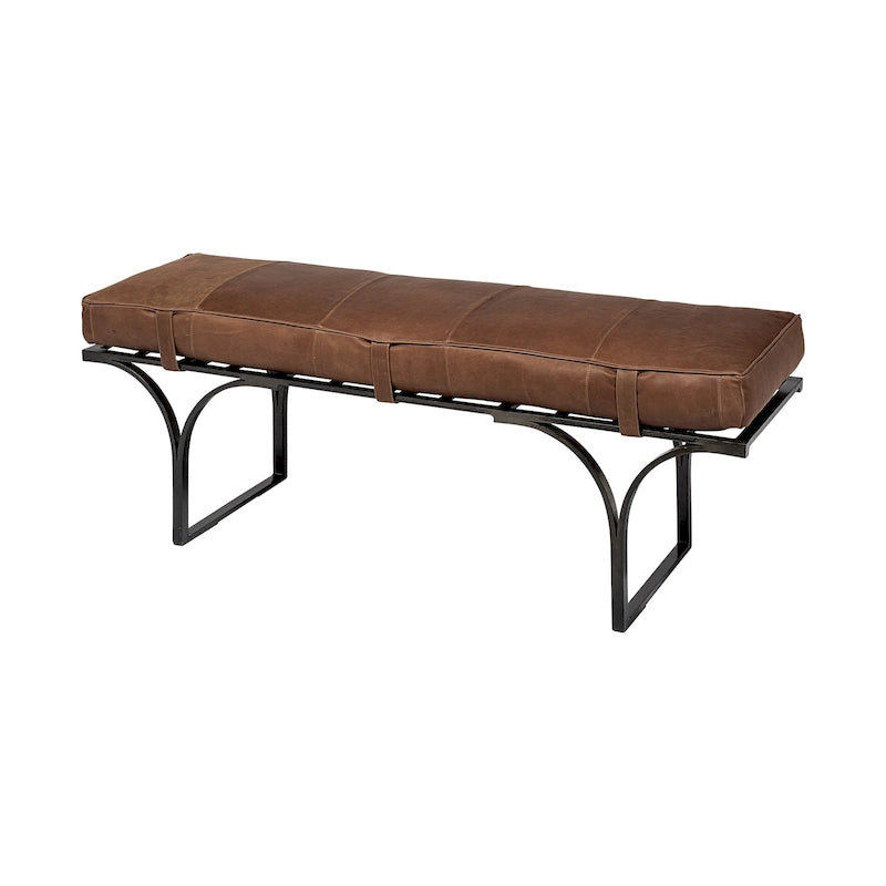 Banc d'appoint en cuir marron 55L x 16W avec base en métal noir - 55,0L x 16,0W x 19,0H