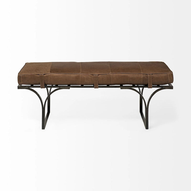 Banc d'appoint en cuir marron 55L x 16W avec base en métal noir - 55,0L x 16,0W x 19,0H