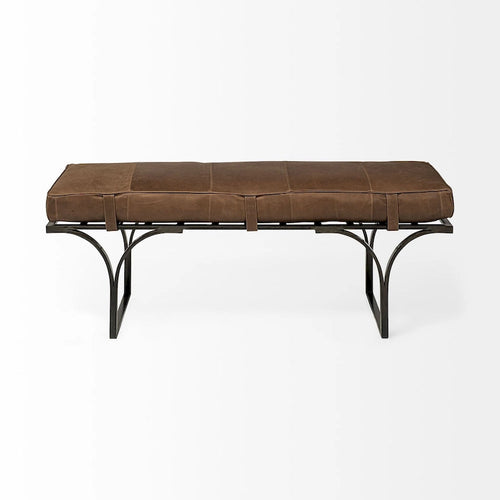 Banc d'appoint en cuir marron 55L x 16W avec base en métal noir - 55,0L x 16,0W x 19,0H