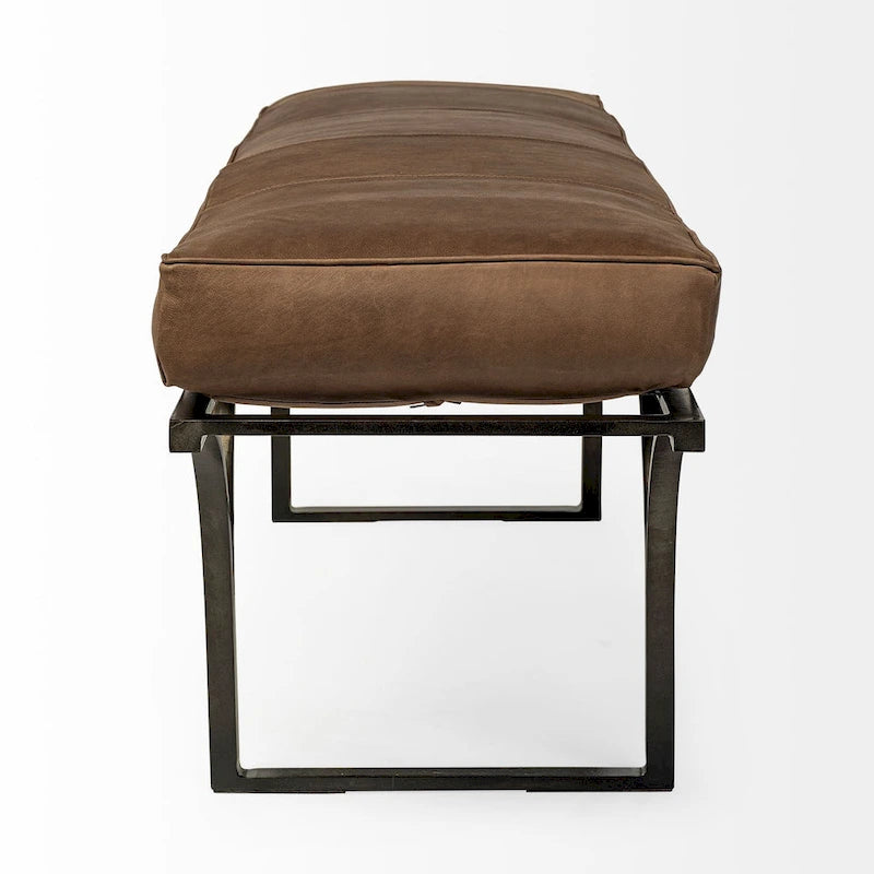 Banc d'appoint en cuir marron 55L x 16W avec base en métal noir - 55,0L x 16,0W x 19,0H