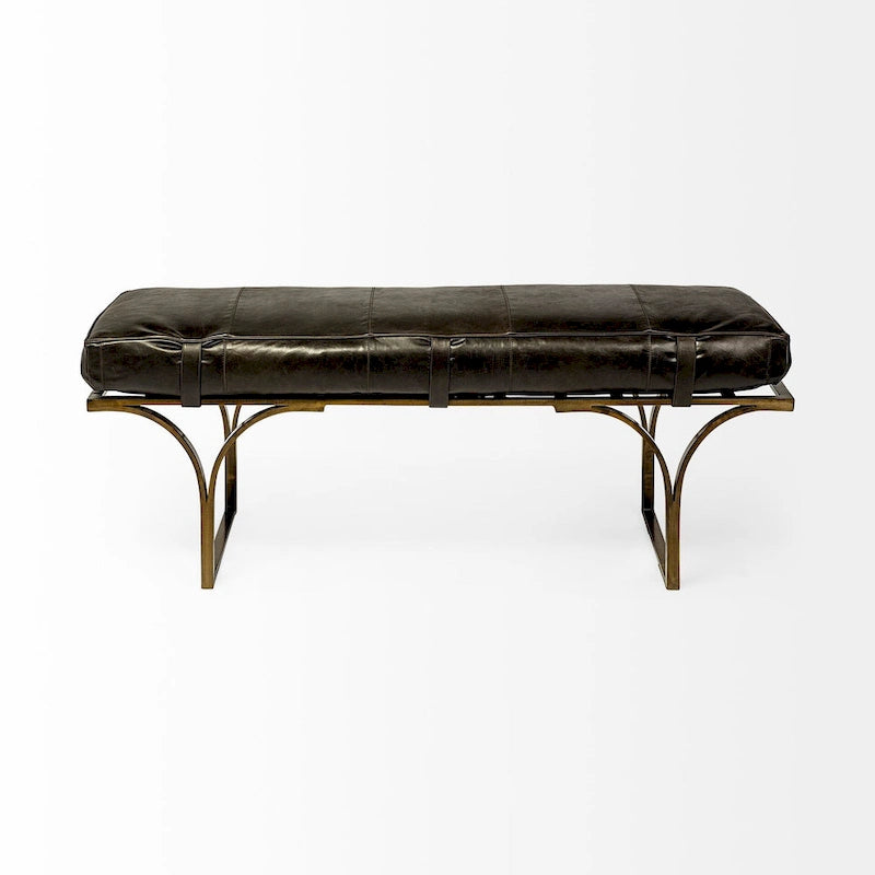 Banc d'appoint en cuir marron 55L x 16W avec base en métal noir - 55,0L x 16,0W x 19,0H