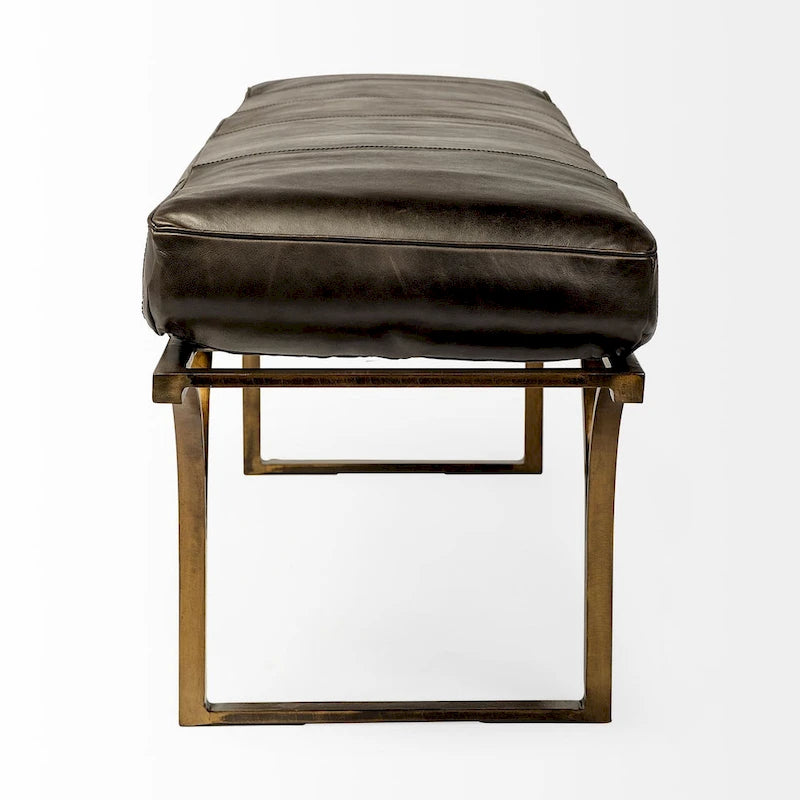 Banc d'appoint en cuir marron 55L x 16W avec base en métal noir - 55,0L x 16,0W x 19,0H