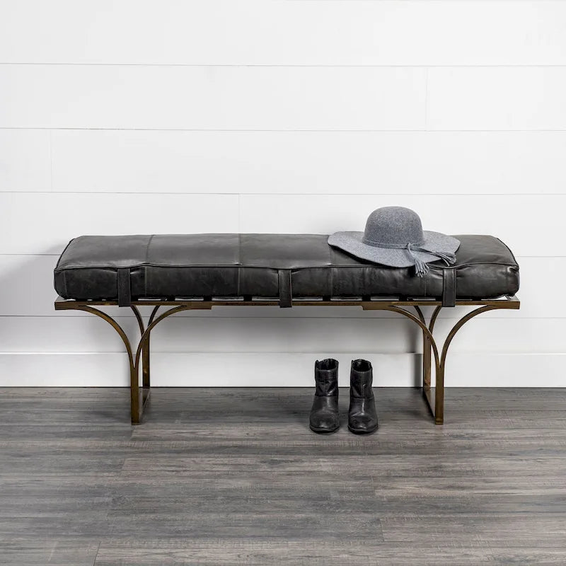 Banc d'appoint en cuir marron 55L x 16W avec base en métal noir - 55,0L x 16,0W x 19,0H