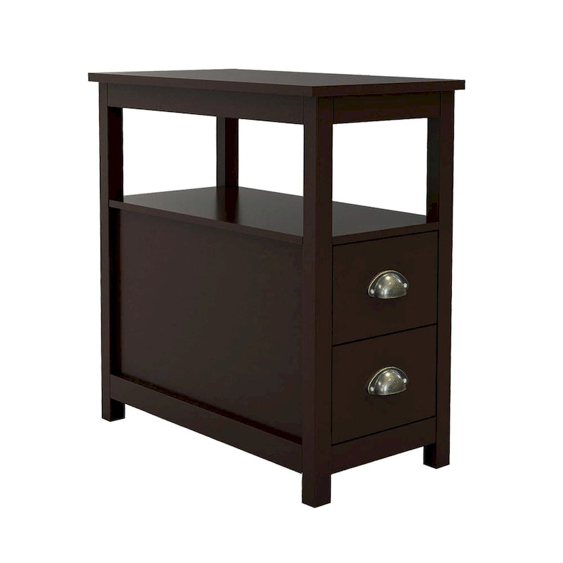 Table d'appoint étroite avec deux tiroirs et étagère ouverte - Marron