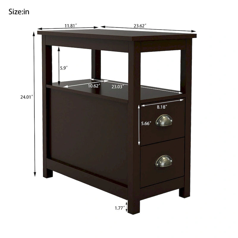 Table d'appoint étroite avec deux tiroirs et étagère ouverte - Marron