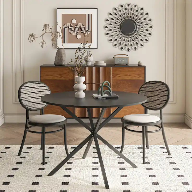 Table à manger ronde moderne avec pieds croisés, plateau amovible en deux parties