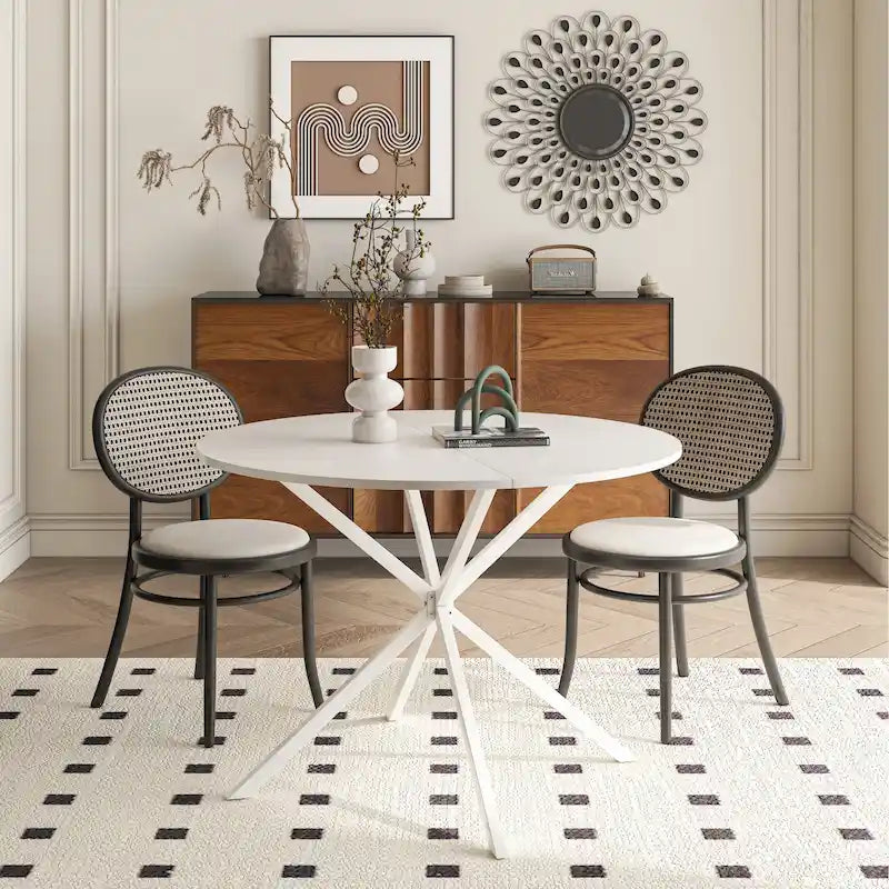 Table à manger ronde moderne avec pieds croisés, plateau amovible en deux parties