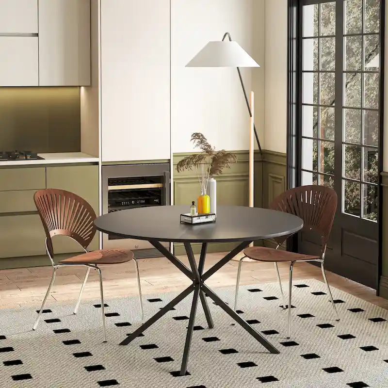 Table à manger ronde moderne avec pieds croisés, plateau amovible en deux parties