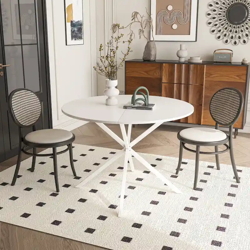 Table à manger ronde moderne avec pieds croisés, plateau amovible en deux parties