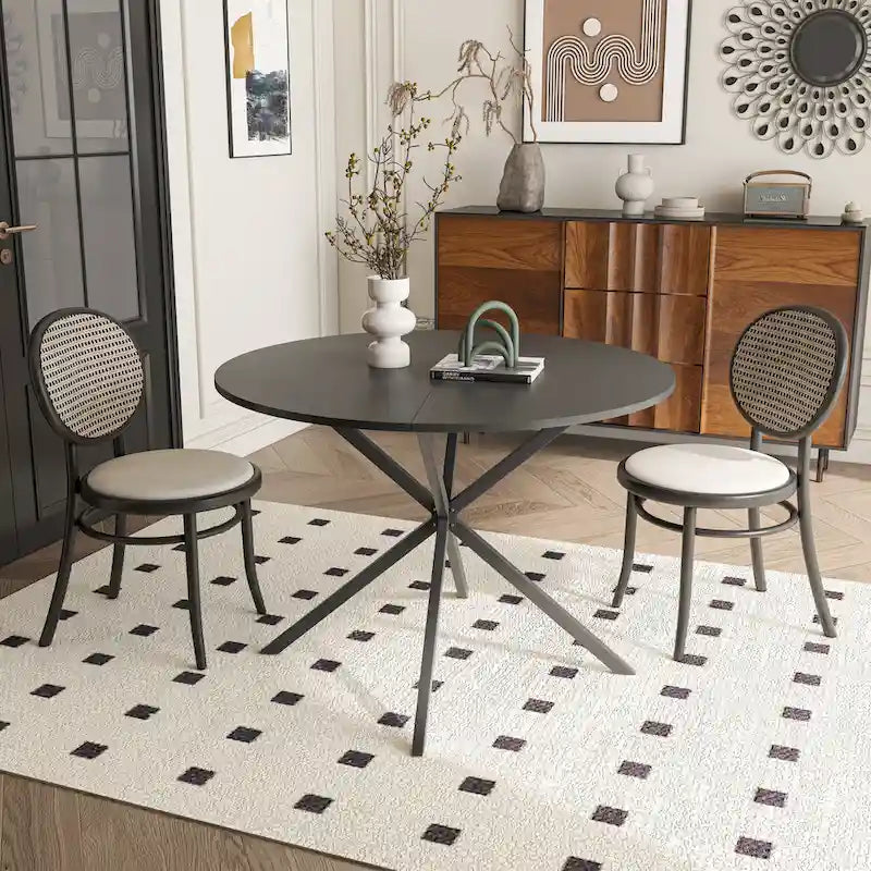 Table à manger ronde moderne avec pieds croisés, plateau amovible en deux parties