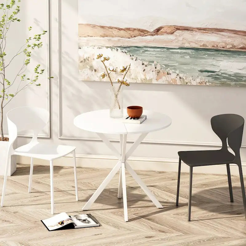 Table à manger ronde moderne avec pieds croisés, plateau amovible en deux parties