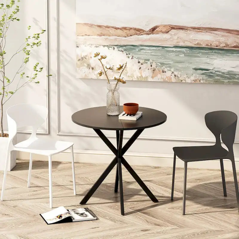 Table à manger ronde moderne avec pieds croisés, plateau amovible en deux parties