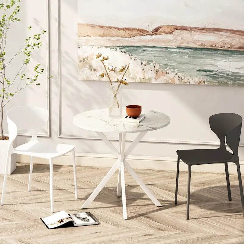 Table à manger ronde moderne avec pieds croisés, plateau amovible en deux parties
