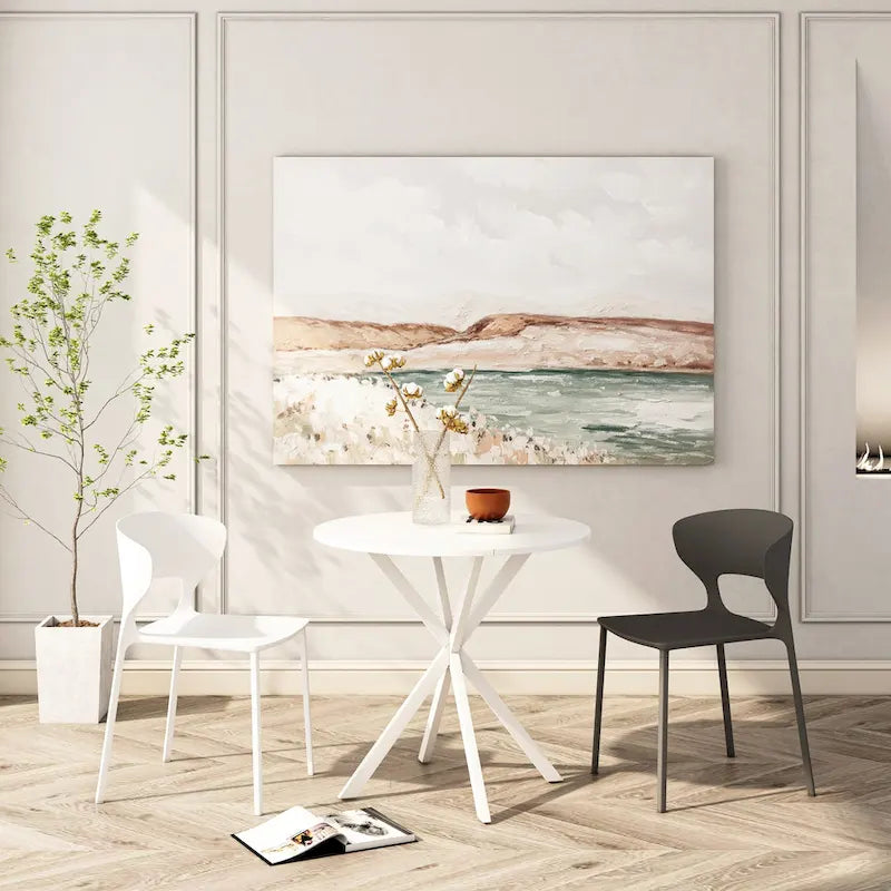 Table à manger ronde moderne avec pieds croisés, plateau amovible en deux parties
