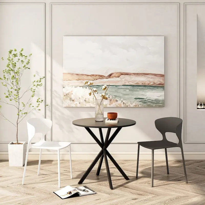 Table à manger ronde moderne avec pieds croisés, plateau amovible en deux parties