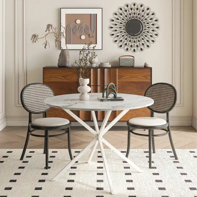 Table à manger ronde moderne avec pieds croisés, plateau amovible en deux parties