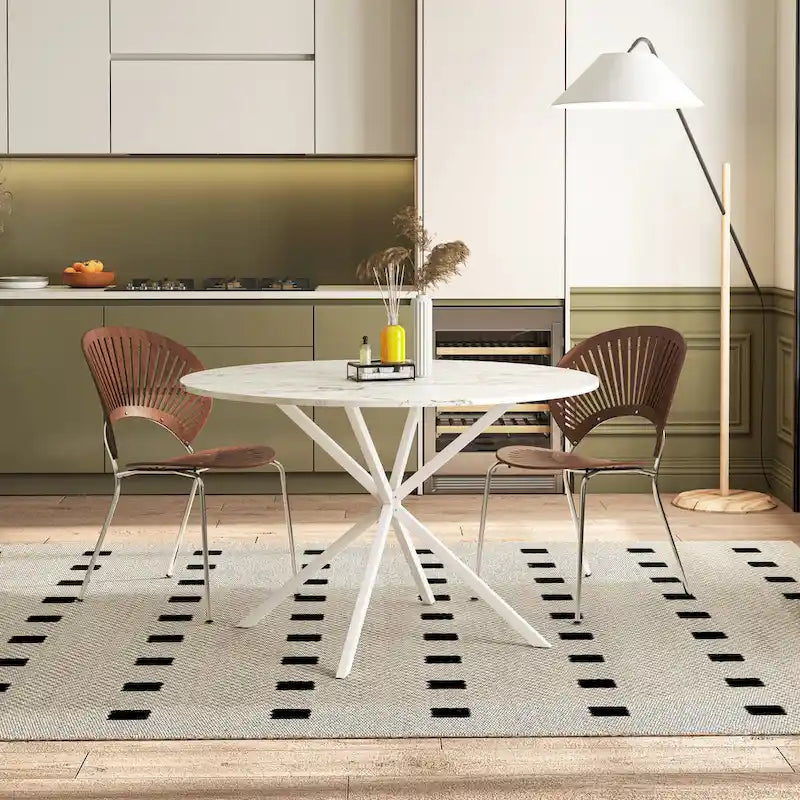 Table à manger ronde moderne avec pieds croisés, plateau amovible en deux parties
