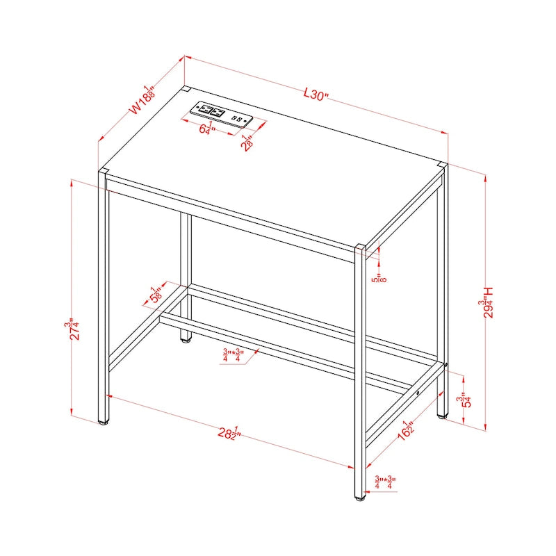Bureau informatique moderne en acier de 30 pouces avec ports USB par