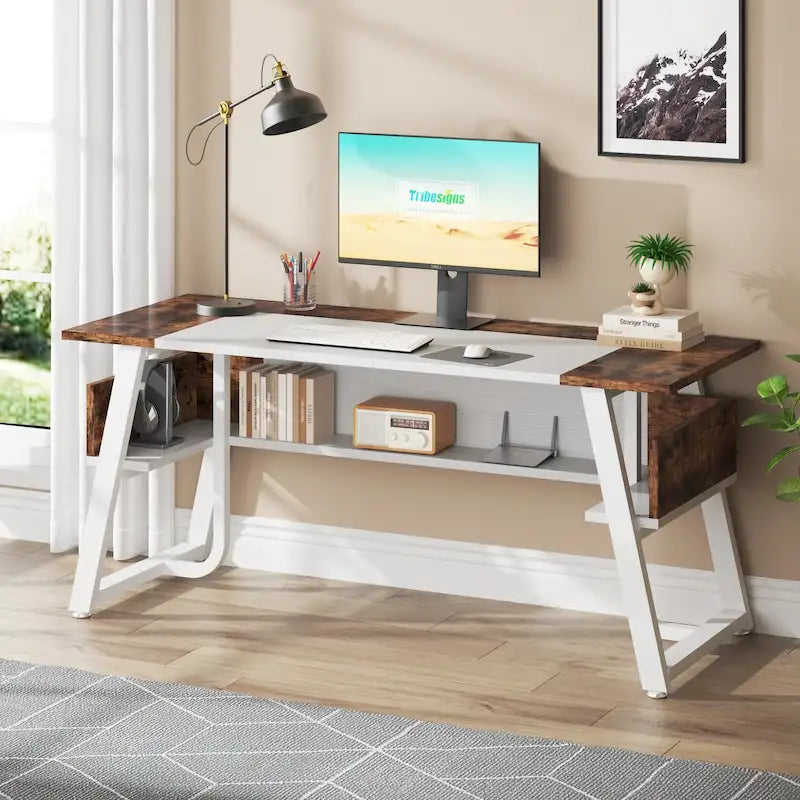 Bureau informatique de 160 cm avec étagères inférieures, grand bureau de direction