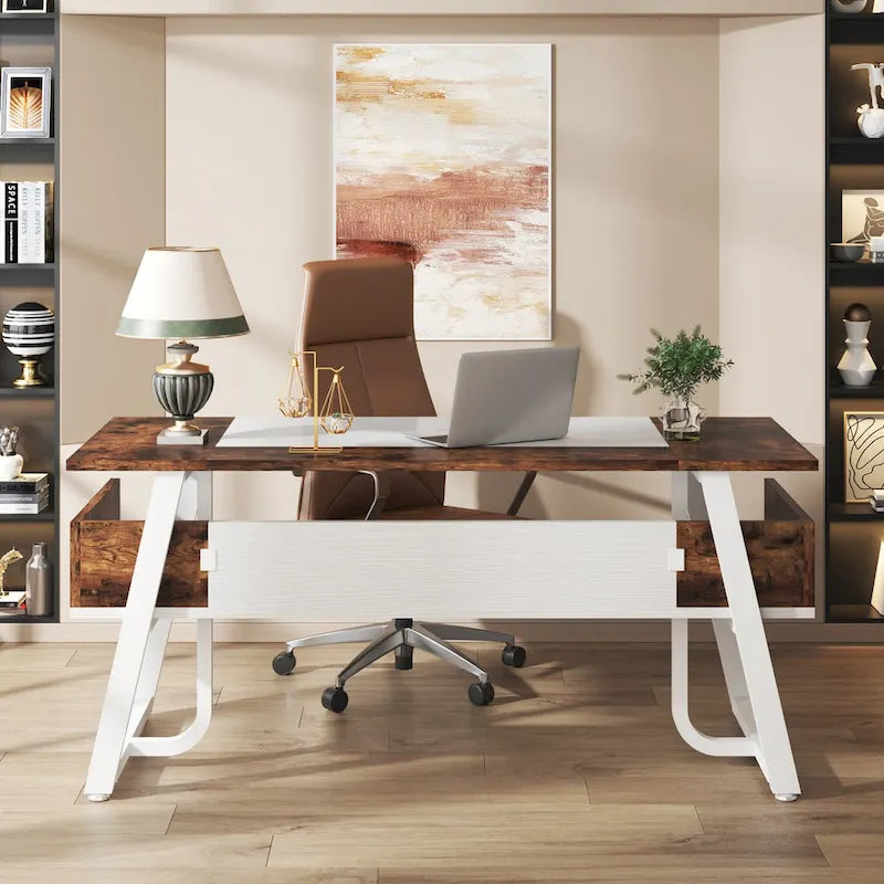 Bureau informatique de 160 cm avec étagères inférieures, grand bureau de direction