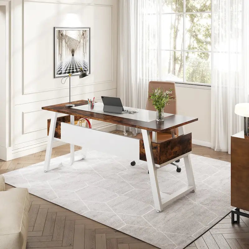 Bureau informatique de 160 cm avec étagères inférieures, grand bureau de direction