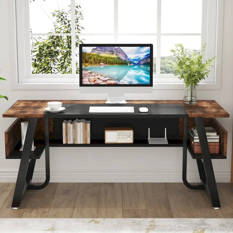 Bureau informatique de 160 cm avec étagères inférieures, grand bureau de direction