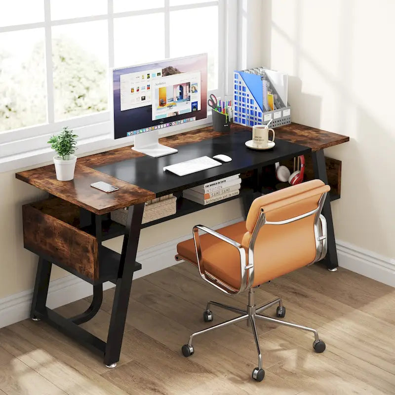 Bureau informatique de 160 cm avec étagères inférieures, grand bureau de direction