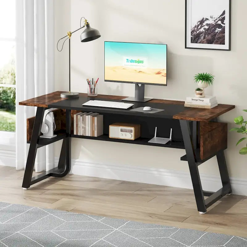 Bureau informatique de 160 cm avec étagères inférieures, grand bureau de direction