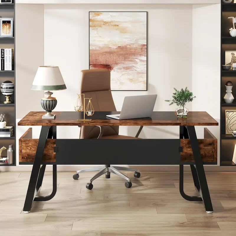 Bureau informatique de 160 cm avec étagères inférieures, grand bureau de direction