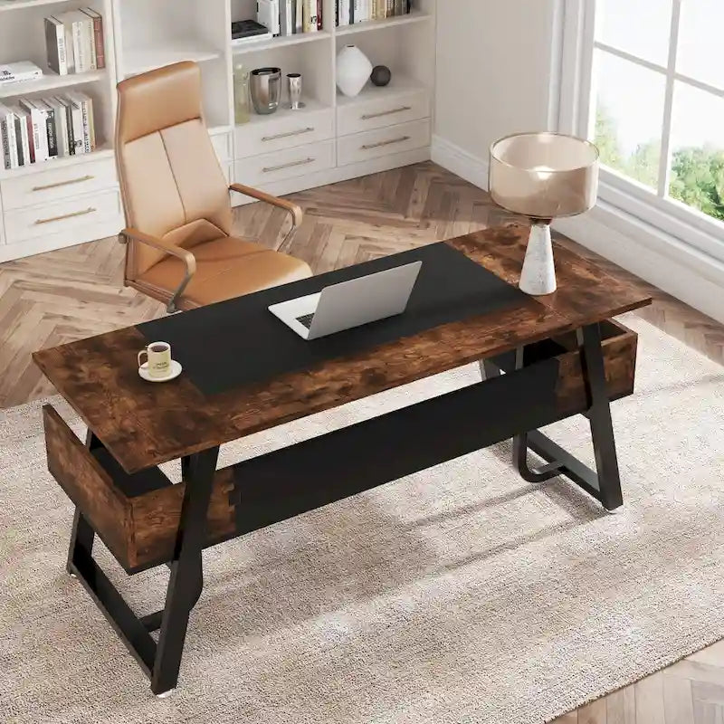 Bureau informatique de 160 cm avec étagères inférieures, grand bureau de direction