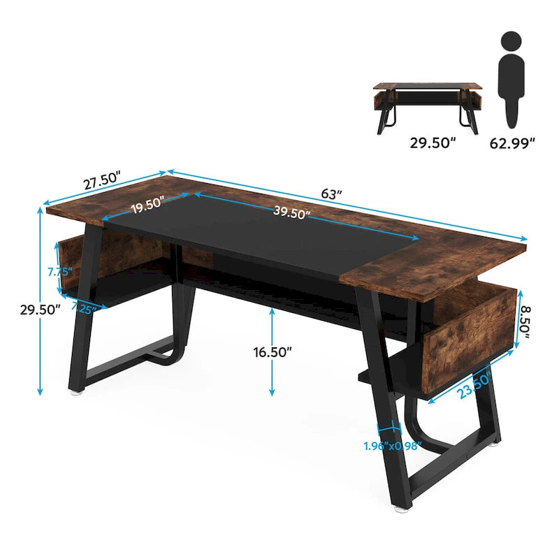Bureau informatique de 160 cm avec étagères inférieures, grand bureau de direction