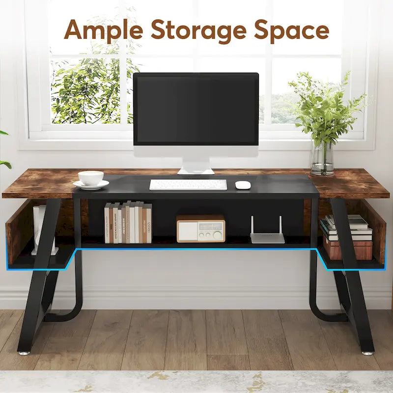 Bureau informatique de 160 cm avec étagères inférieures, grand bureau de direction