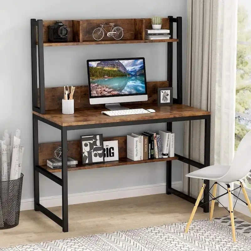 Bureau informatique de bureau à domicile avec étagère supérieure et étagères de rangement