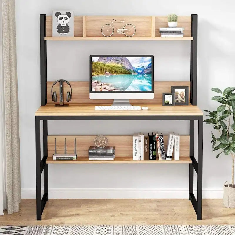 Bureau informatique de bureau à domicile avec étagère supérieure et étagères de rangement