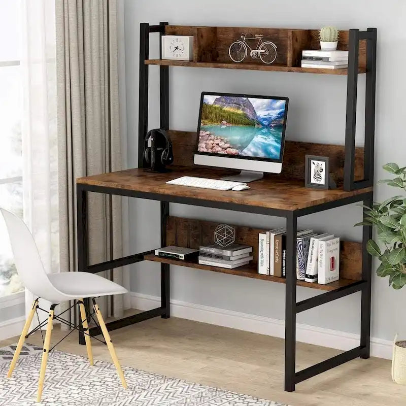 Bureau informatique de bureau à domicile avec étagère supérieure et étagères de rangement