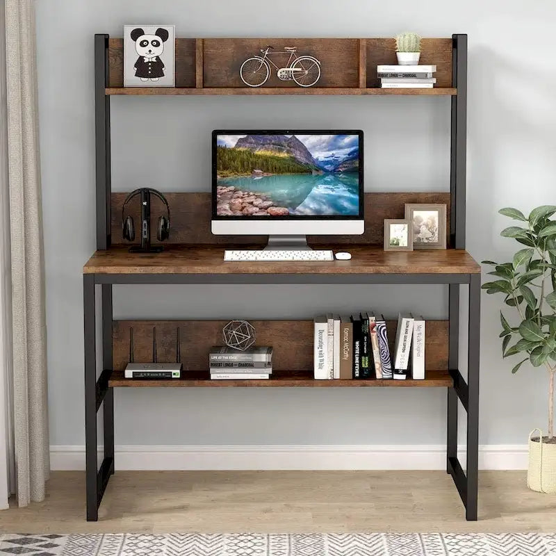 Bureau informatique de bureau à domicile avec étagère supérieure et étagères de rangement
