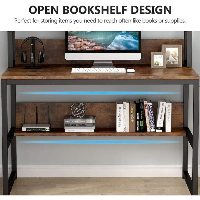 Bureau informatique de bureau à domicile avec étagère supérieure et étagères de rangement