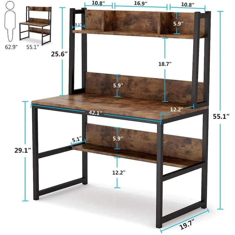Bureau informatique de bureau à domicile avec étagère supérieure et étagères de rangement