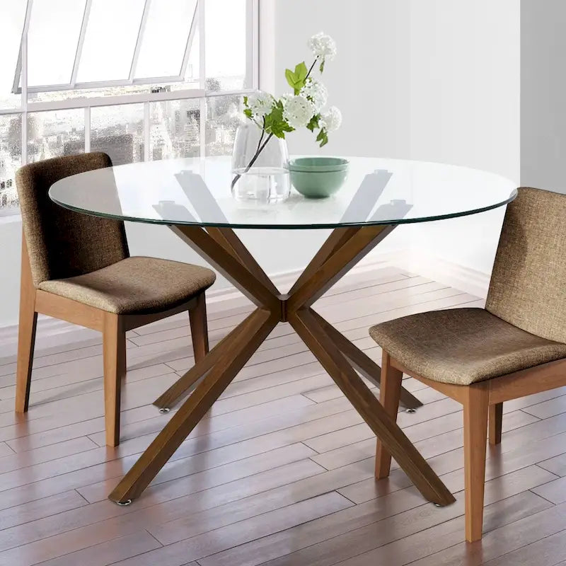 Table à manger en verre ronde de 39 po avec pied en noyer – 39x30x27