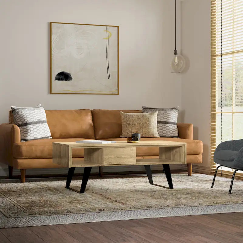 Table basse moderne rectangulaire en BOIS MASSIF et métal de 122 cm de large - 122 L x 56 P x 46 H